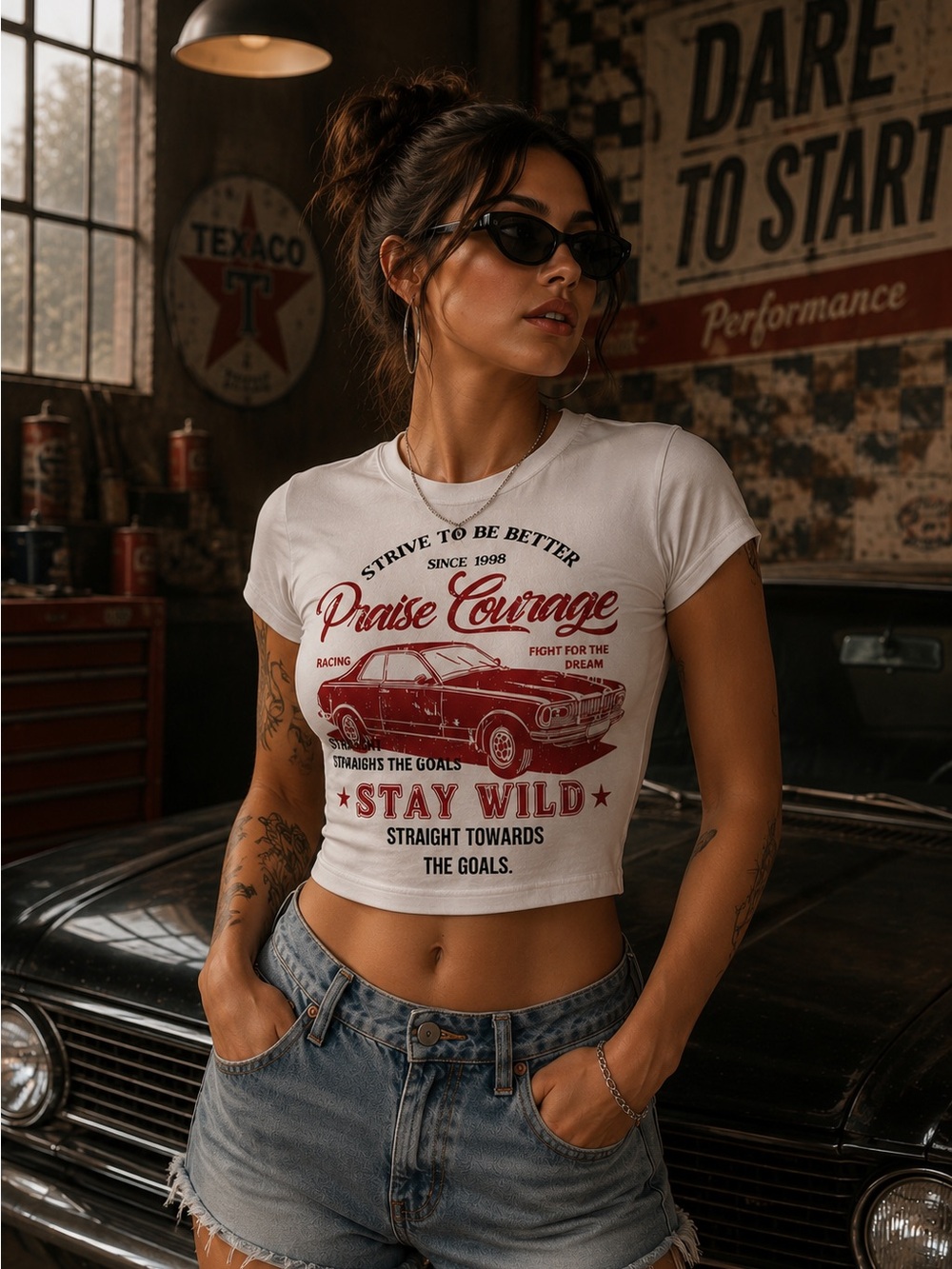Vintage-Inspired White Crop Tee with Red Graphic